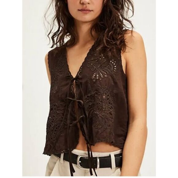 Free People Tops - Free People Sweet Escape embroidered eyelet tie front top in brown XS